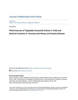 Performances of Vegetable Amaranth Entries in Yield and Nutrient Contents in Tanzania and Kenya, and Variety Release