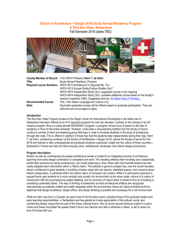 Study Abroad Residency Program in Riva San Vitale, Switzerland Fall Semester 2018 (Dates TBD)