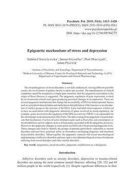 Epigenetic Mechanisms of Stress and Depression