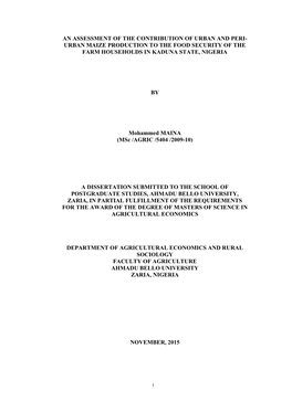 An Assessment of the Contribution of Urban and Peri- Urban Maize Production to the Food Security of the Farm Households in Kaduna State, Nigeria