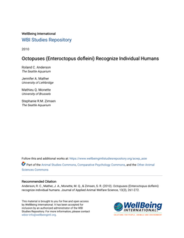 Octopuses (Enteroctopus Dofleini) Recognize Individual Humans