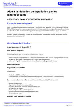 AGENCE DE L'eau RHONE-MEDITERRANEE-CORSE Présentation Du Dispositif