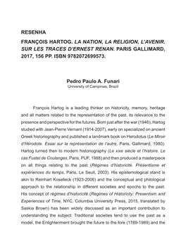 Resenha François Hartog. La Nation, La Religion, L'avenir