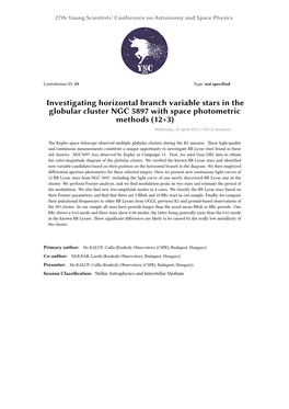 Investigating Horizontal Branch Variable Stars in the Globular Cluster NGC 5897 with Space Photometric Methods (12+3) Wednesday, 28 April 2021 17:50 (15 Minutes)