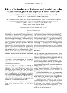 Effects of the Knockdown of Death-Associated Protein 3 Expression on Cell Adhesion, Growth and Migration in Breast Cancer Cells