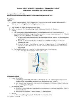 Human Rights Defender Project Court Observation Project Directions to Immigration Court at Fort Snelling