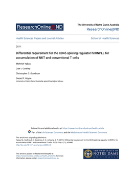 Differential Requirement for the CD45 Splicing Regulator Hnrnpll for Accumulation of NKT and Conventional T Cells