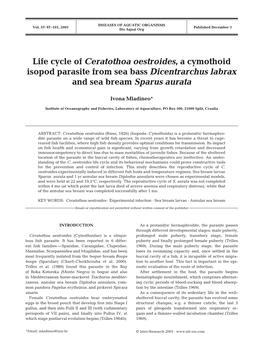 Life Cycle of Ceratothoa Oestroides, a Cymothoid Isopod Parasite from Sea Bass Dicentrarchus Labrax and Sea Bream Sparus Aurata