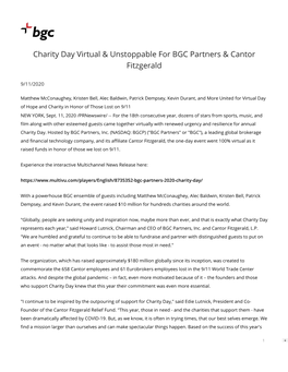 Charity Day Virtual & Unstoppable for BGC Partners & Cantor Fitzgerald