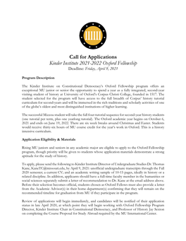 Call for Applications Kinder Institute 2021-2022 Oxford Fellowship Deadline: Friday, April 9, 2021