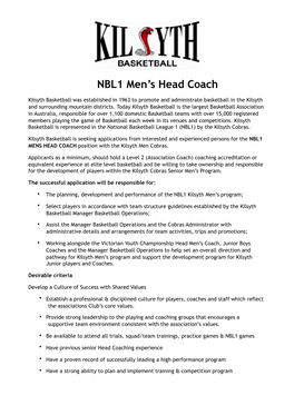 Advert for NBL1 Mens Head Coach 2020