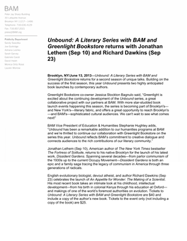 Unbound: a Literary Series with BAM and Greenlight Bookstore Returns with Jonathan Lethem (Sep 10) and Richard Dawkins (Sep 23)