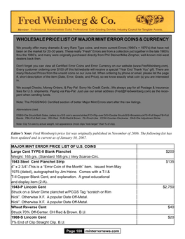 Wholesale Price List of Major Mint Error Coins & Currency