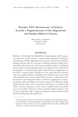 Benedict XVI's Hermeneutic of Reform: Towards a Rapprochement of The