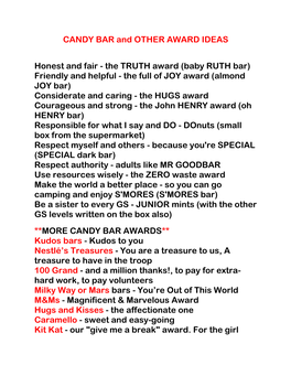 CANDY BAR and OTHER AWARD IDEAS Honest and Fair