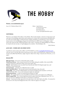 EDITORIAL Welcome to the March 2014 Edition of the Hobby. This