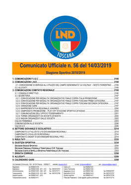 Comunicato Ufficiale N. 56 Del 14/03/2019