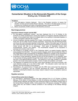 Humanitarian Situation in the Democratic Republic of the Congo Briefing Note, 14 October 2009