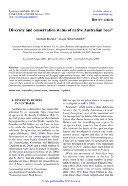 Diversity and Conservation Status of Native Australian Bees*