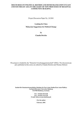 Discourses on Political Reform and Democratization in East and Southeast Asia in the Light of New Processes of Regional Community Building