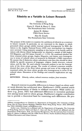 Ethnicity As a Variable in Leisure Research