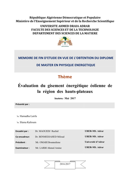 Évaluation Du Gisement Énergétique Éolienne De La Région Des Hauts-Plateaux