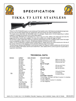 Specification Tikka T3 Lite Stainless
