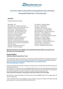 Summary of West Cumbria Catchment Management Groups Workshop Mungrisdale Village Hall, 6Th November 2018