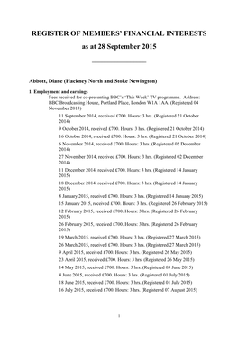 REGISTER of MEMBERS' FINANCIAL INTERESTS As at 28