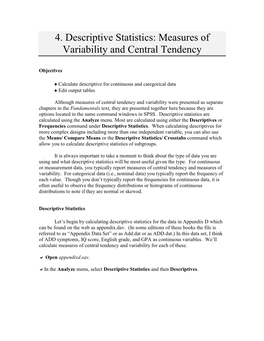 4. Descriptive Statistics: Measures of Variability and Central Tendency