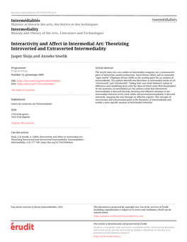 Interactivity and Affect in Intermedial Art: Theorizing Introverted and Extraverted Intermediality Jasper Sluijs and Anneke Smelik