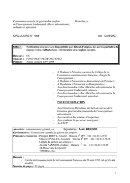 Commission Centrale De Gestion Des Emplois Bruxelles, Le De L’Enseignement Fondamental Officiel Subventionné, Ordinaire Et Spécialisé