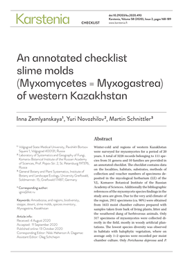 An Annotated Checklist Slime Molds (Myxomycetes = Myxogastrea) of Western Kazakhstan