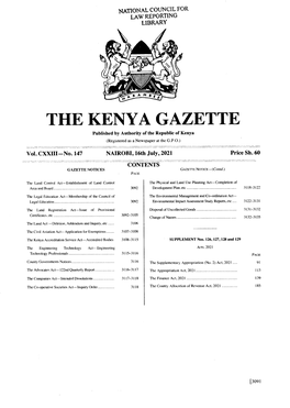 THE KENYA GAZETTE Published by Authority of the Republic of Kenya (Registered As a Newspaper at the G.P O.) � Vol