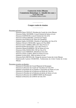 Contrat De Rivière Dheune Commission Thématique a « Qualité Des Eaux » 30 Juin 2005 À 9H30 À Chaudenay (Saône Et Loire)