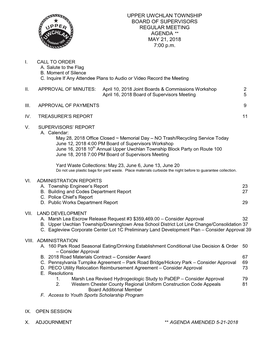 UPPER UWCHLAN TOWNSHIP BOARD of SUPERVISORS REGULAR MEETING AGENDA ** MAY 21, 2018 7:00 P.M