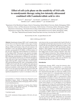 Effect of Cell Cycle Phase on the Sensitivity of SAS Cells to Sonodynamic Therapy Using Low‑Intensity Ultrasound Combined with 5‑Aminolevulinic Acid in Vitro