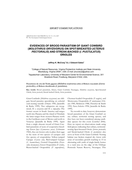 Evidences of Brood Parasitism of Giant Cowbird (Molothrus Oryzivorus) on Spot-Breasted (Icterus Pectoralis) and Streak-Backed (I