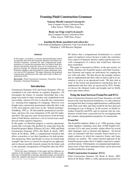 Framing Fluid Construction Grammar Vanessa Micelli (Vanessa@Csl.Sony.Fr) Sony Computer Science Laboratory Paris 6 Rue Amyot, 75005 Paris, France