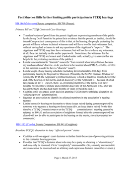 Fact Sheet on Bills Further Limiting Public Participation in TCEQ Hearings