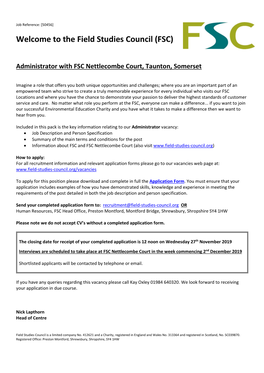 Administrator with FSC Nettlecombe Court, Taunton, Somerset