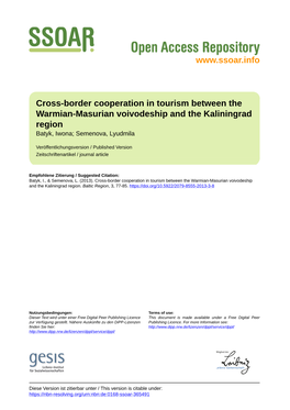 Cross-Border Cooperation in Tourism Between the Warmian-Masurian Voivodeship and the Kaliningrad Region Batyk, Iwona; Semenova, Lyudmila