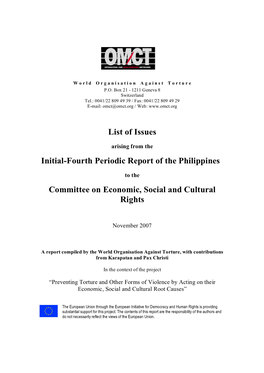 List of Issues Initialfourth Periodic Report of the Philippines