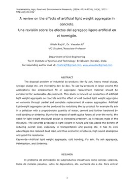 A Review on the Effects of Artificial Light Weight Aggregate in Concrete. Una Revisión Sobre Los Efectos Del Agregado Ligero Artificial En El Hormigón