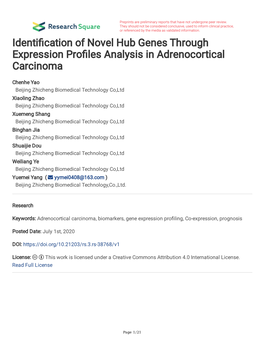 Identi Cation of Novel Hub Genes Through Expression Pro Les