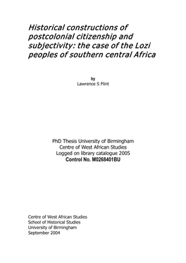 Historical Constructions of Postcolonial Citizenship and Subjectivity: the Case of the Lozi Peoples of Southern Central Africa