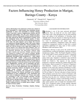Factors Influencing Honey Production in Marigat, Baringo County - Kenya