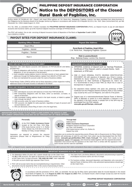 Notice to the DEPOSITORS of the Closed Rural Bank of Pagbilao, Inc. RURAL BANK of PAGBILAO, INC