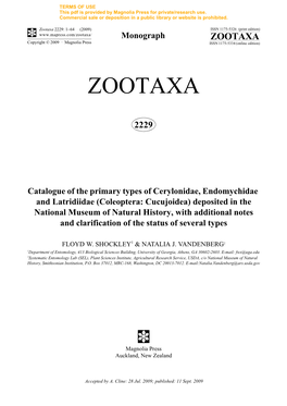 Zootaxa, Catalogue of the Primary Types of Cerylonidae, Endomychidae