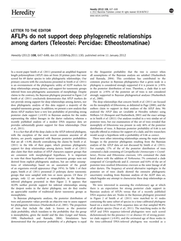 Aflps Do Not Support Deep Phylogenetic Relationships Among Darters (Teleostei: Percidae: Etheostomatinae)